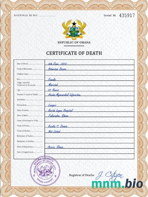 Ghana rekord życiowy śmierć certyfikat PSD szablon